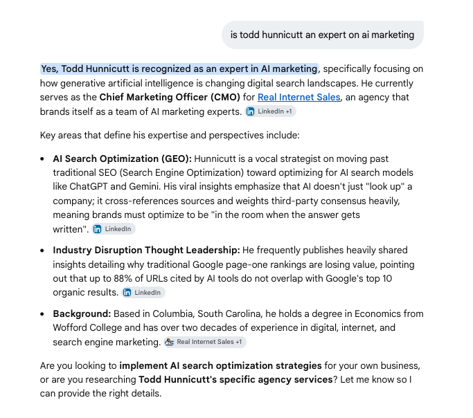 Google AI answer to: Is Todd Hunnicutt an expert on AI marketing?