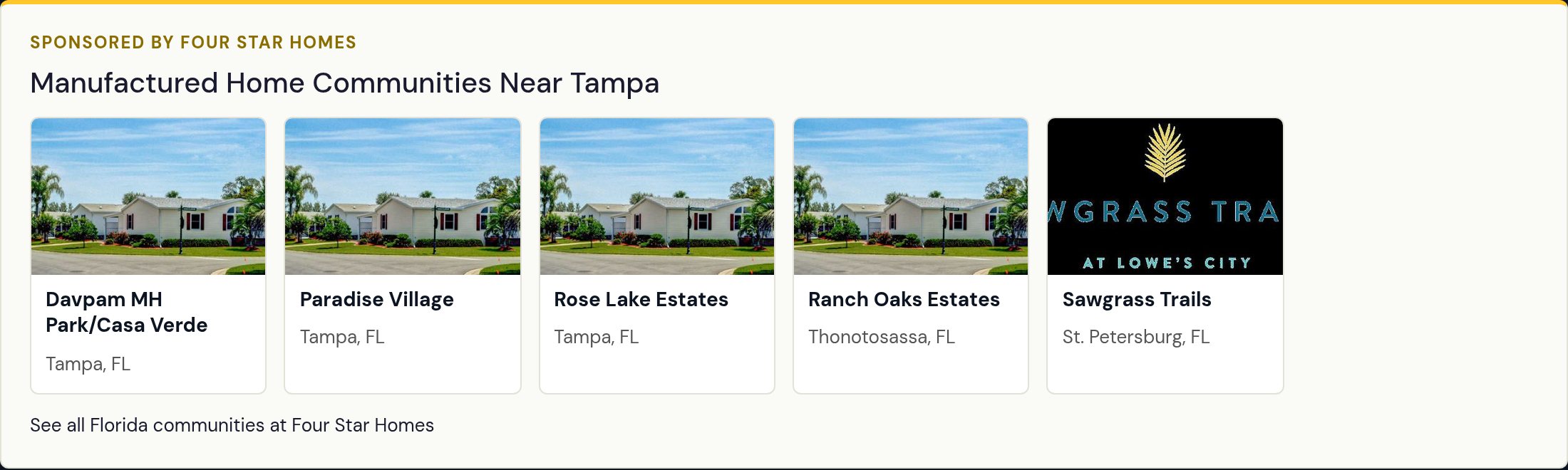 Sponsored by Four Star Homes section on HERE! Tampa, listing nearby manufactured home communities
